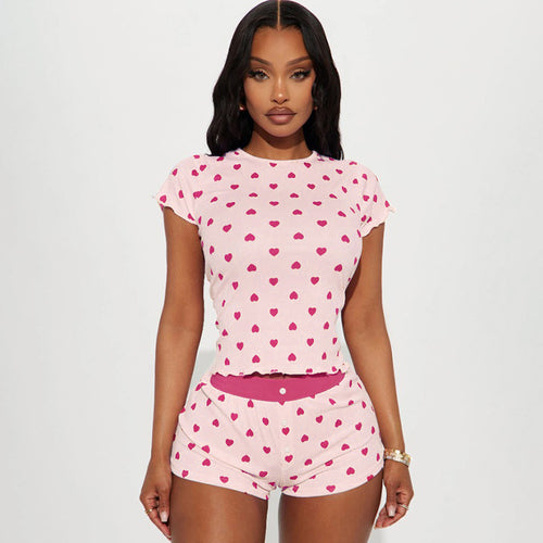 Damen Pyjama Set mit herzförmigem Muster und elastischem Bund Drune