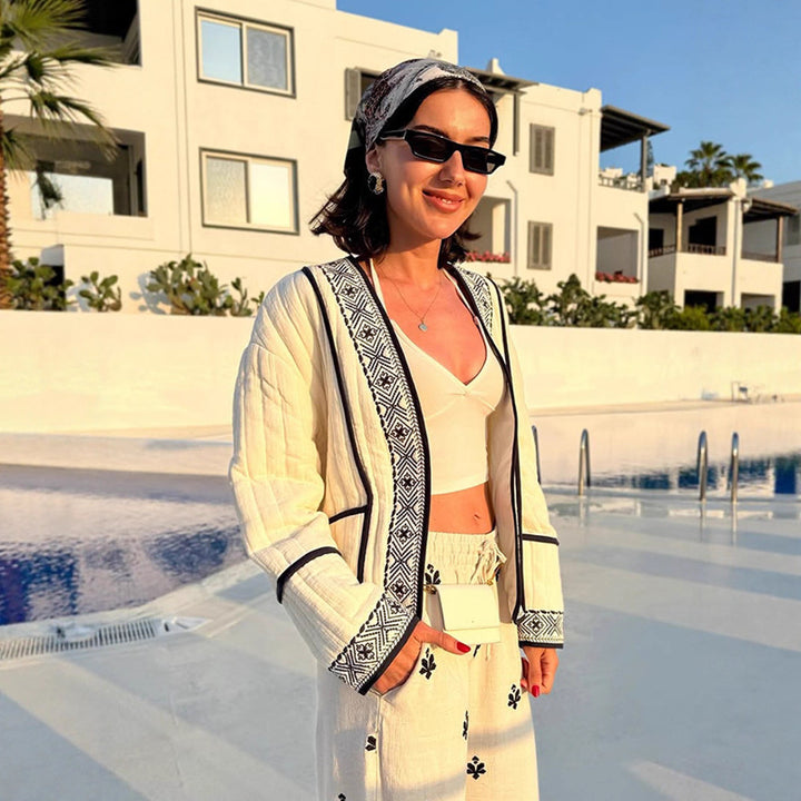 Damen Gestepptes Kimono-Cardigan mit geometrischer Stickbordüre Drune
