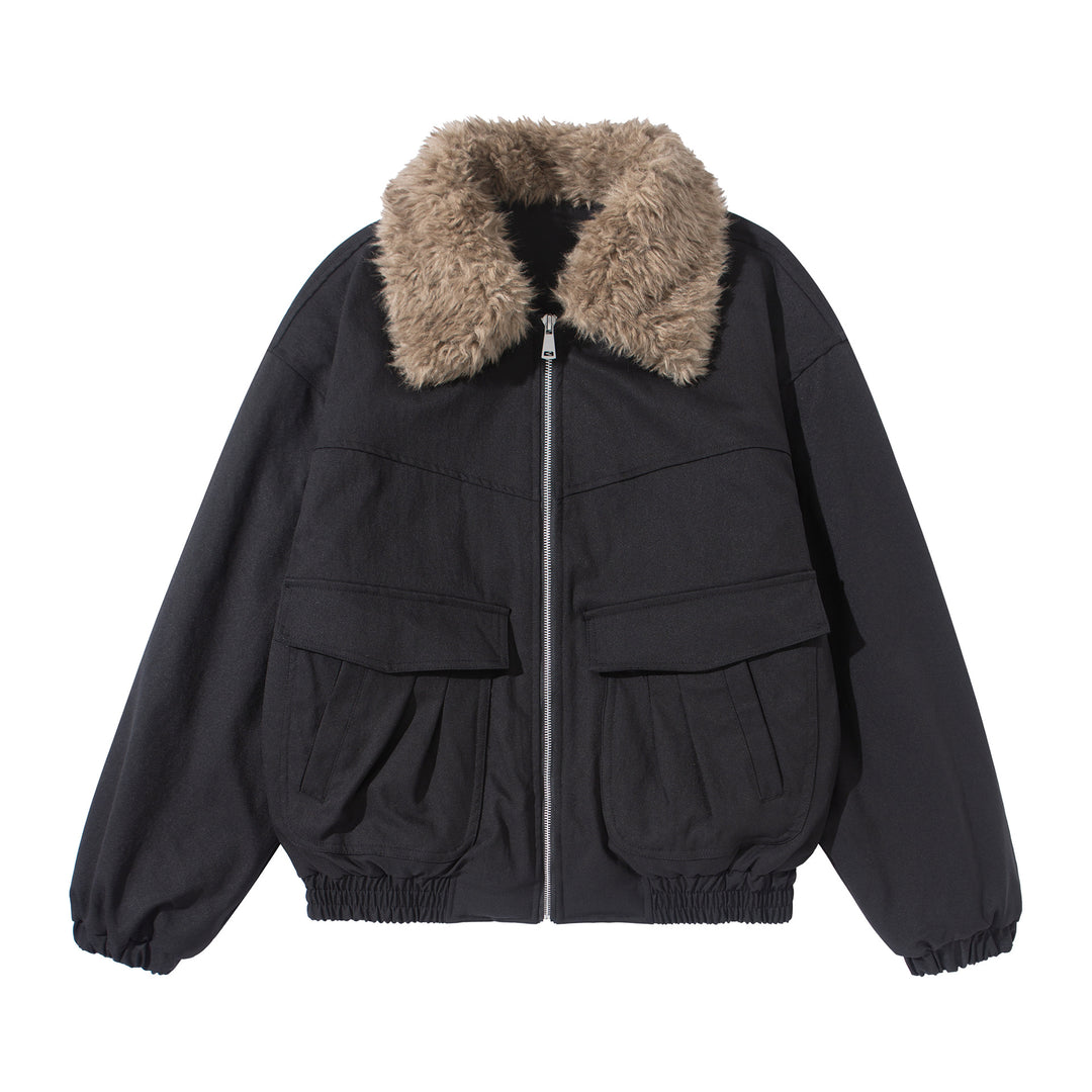 Damen Kurzblouson mit voluminösem Faux‑Fur‑Kragen, Känguru‑Taschen und elastischem Saum Drune