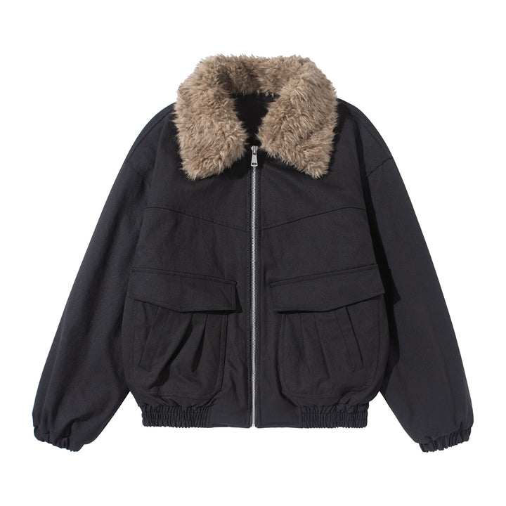 Damen Kurzblouson mit voluminösem Faux‑Fur‑Kragen, Känguru‑Taschen und elastischem Saum Drune