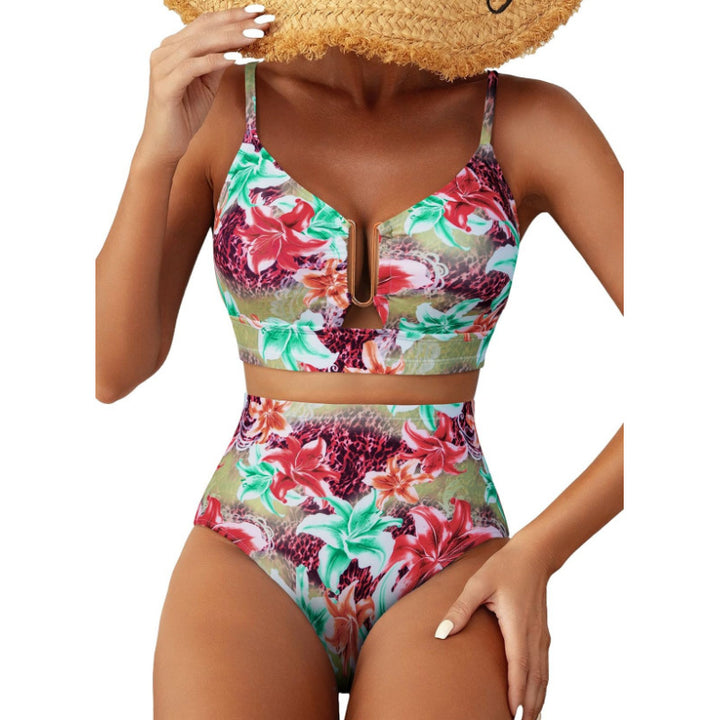 Damen Hoch geschnittener Bikini mit floralem Muster und Leo-Print Drune