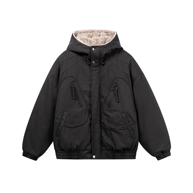 Unisex Kurz geschnittene Isolationsjacke im Boxy‑Cut mit Teddyinnenfutter und diagonal eingesetzten Reißverschlusstaschen Drune