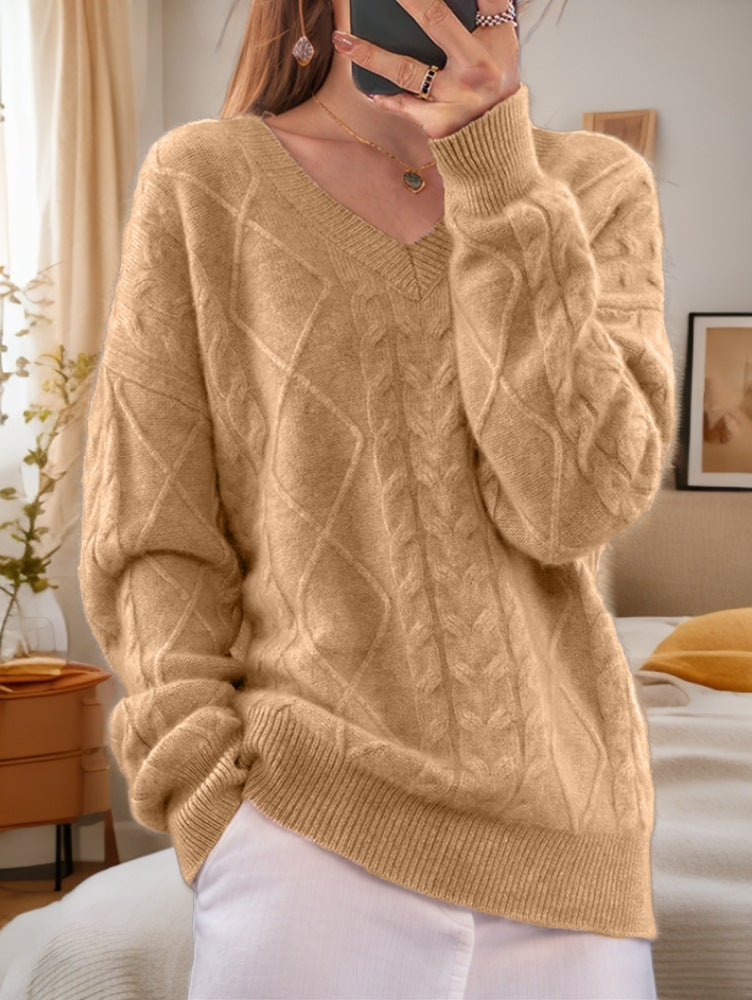 Damen nan kuscheliger V-Ausschnitt Zopfmuster-Pullover mit Oversize-Schnitt und Rippabschlüssen Drune