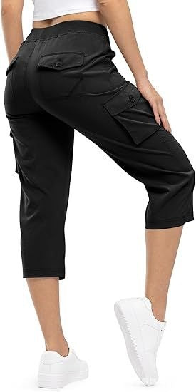Damen Capri Cargo-Hosen in Bermuda-Länge mit hoher Taille und aufgesetzten Klappentaschen Drune