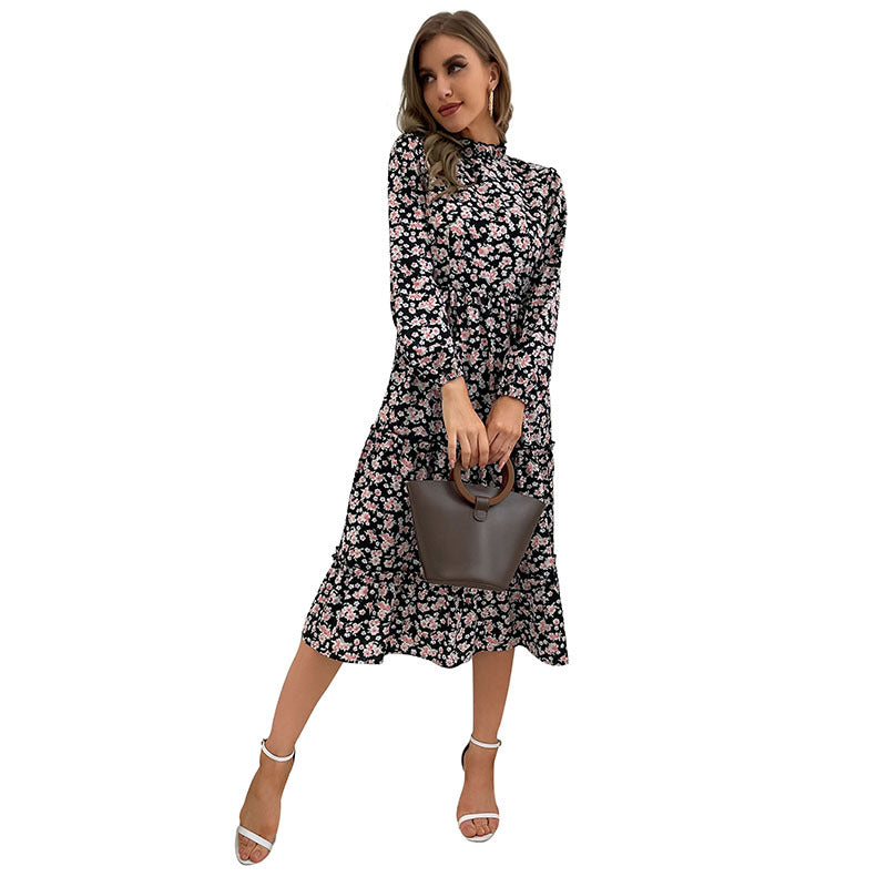 Damen Elegantes Langarm Kleid mit floralem Muster und Rüschendetails Drune