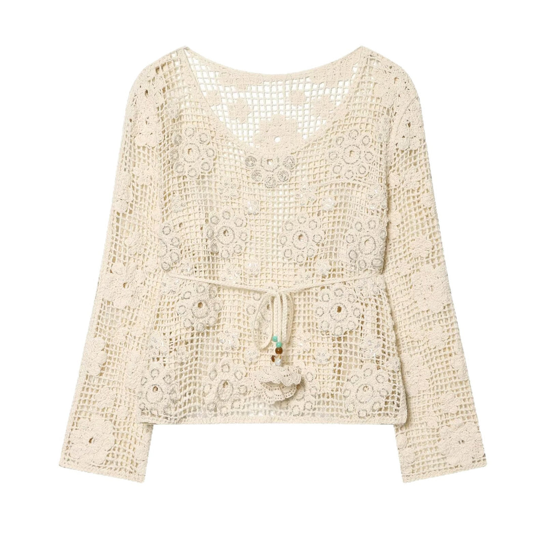 Damen Häkelbluse mit floralem Crochet‑Motiv, V‑Ausschnitt und Tunnelzug Drune