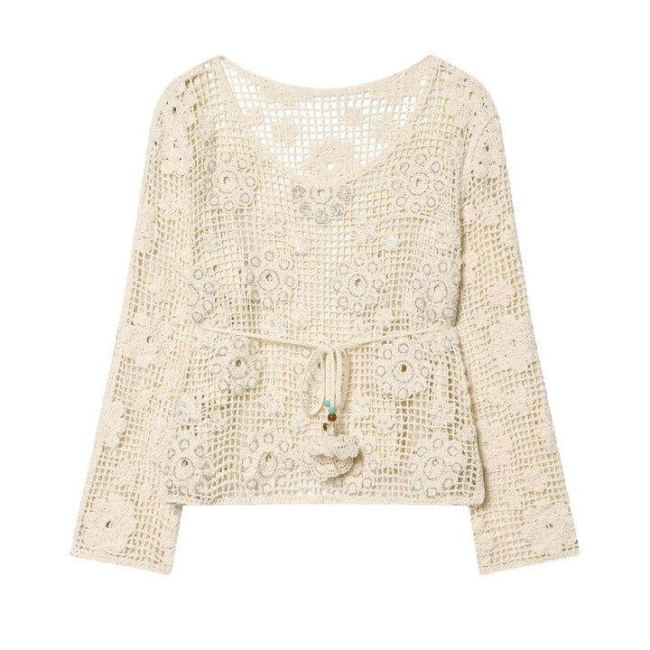 Damen Häkelbluse mit floralem Crochet‑Motiv, V‑Ausschnitt und Tunnelzug Drune