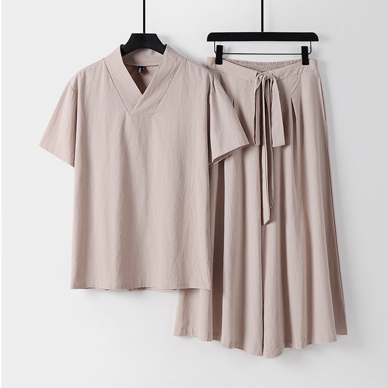 Damen Leichtes Loungewear-Set mit V-Ausschnitt-Shirt und weit schwingendem Midirock mit Kordelzug Drune