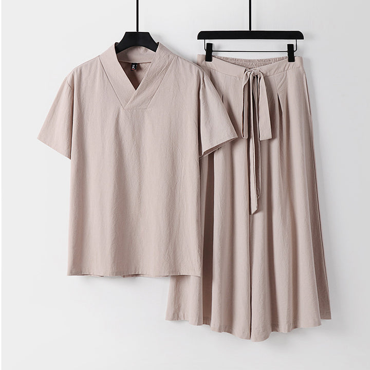 Damen Leichtes Loungewear-Set mit V-Ausschnitt-Shirt und weit schwingendem Midirock mit Kordelzug Drune