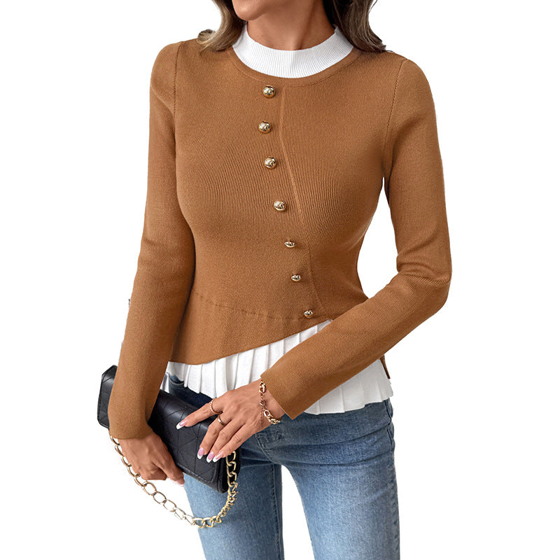 Damen Figurbetonter Strickpullover mit asymmetrischer Knopfleiste und Plissee-Layer Drune