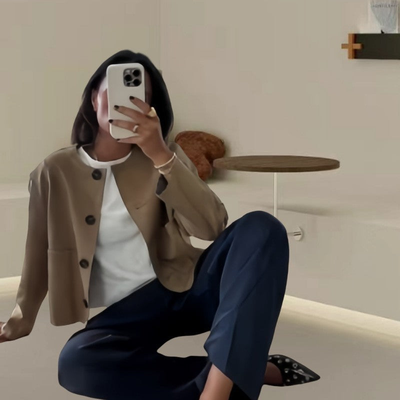 Damen modische Kurzjacke mit eleganten Knopfdetails und praktischen Taschen Drune