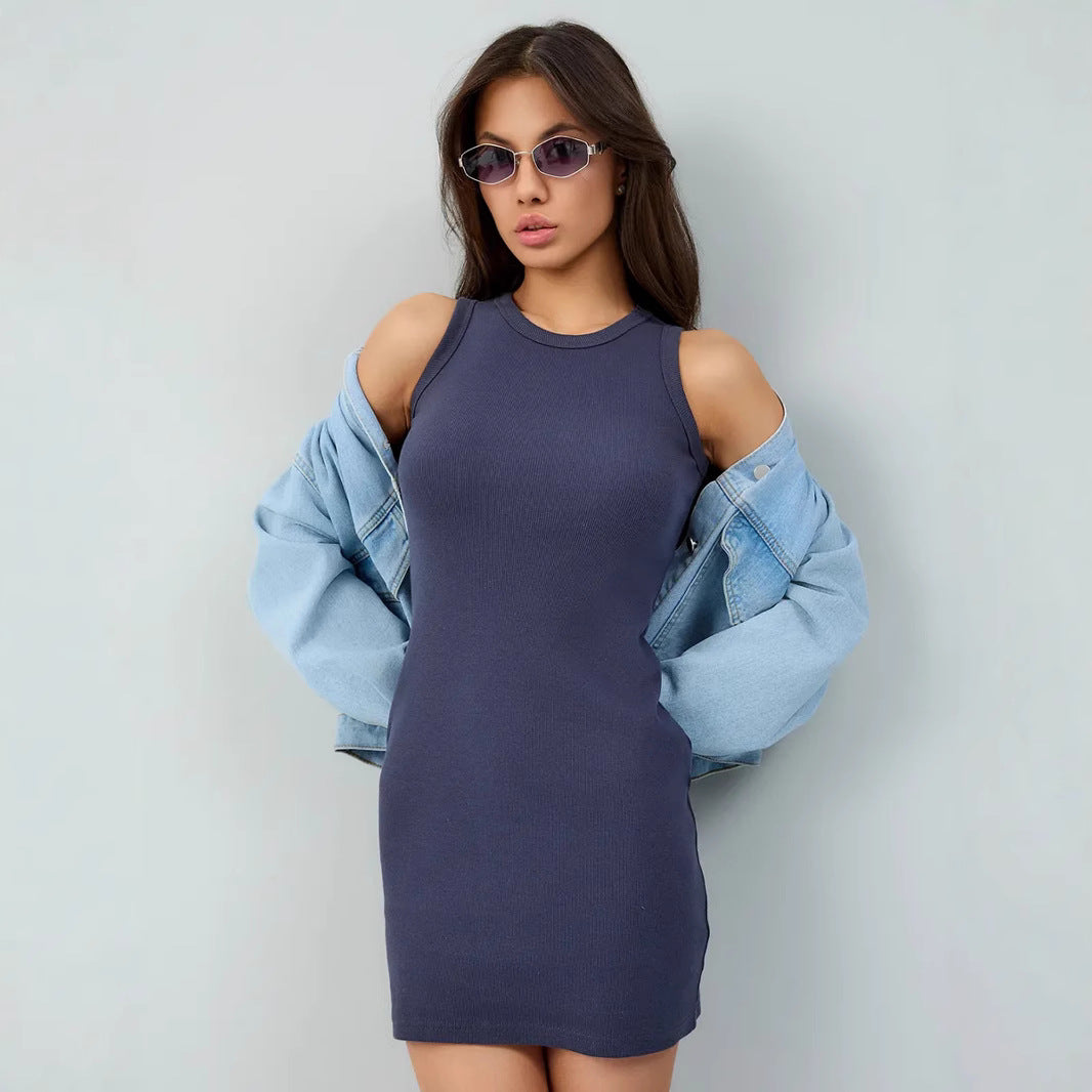 Damen figurbetontes Sommerkleid mit schmalem Schnitt und Rundhalsausschnitt Drune