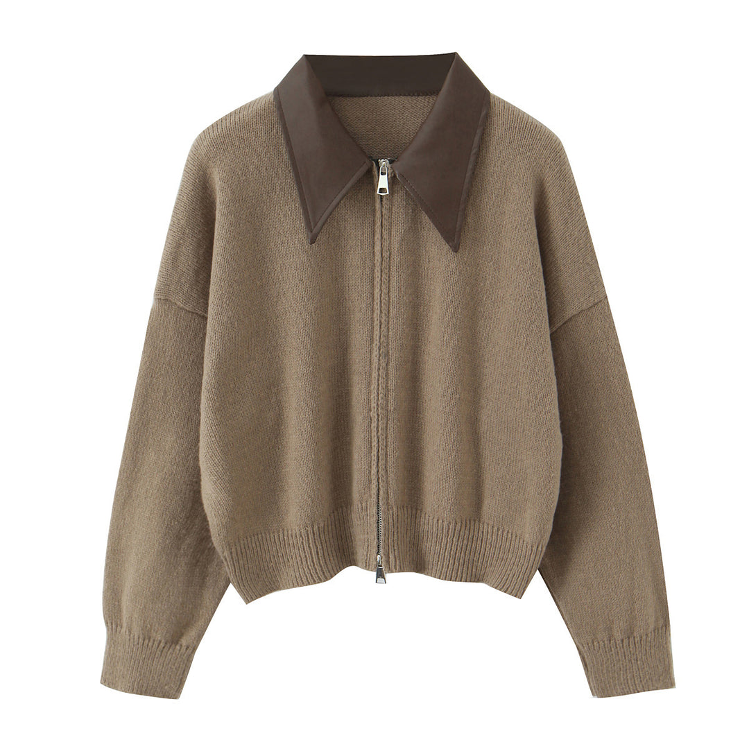 Damen 10+ Oversize Strickjacke mit Zweiwege‑Reißverschluss und spitzem Kontrastkragen Drune