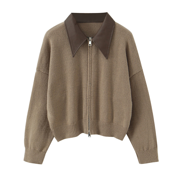 Damen 10+ Oversize Strickjacke mit Zweiwege‑Reißverschluss und spitzem Kontrastkragen Drune