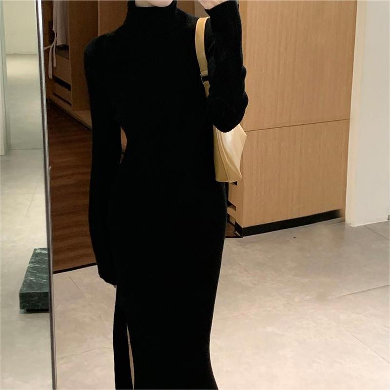 Damen Elegantes Strickkleid mit hohem Kragen und tailliertem Design Drune