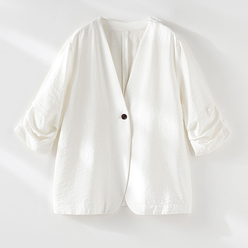 Damen Leichter Oversize-Blazer mit V-Ausschnitt, Ein-Knopf-Verschluss und gerafften Dreiviertelärmeln Drune