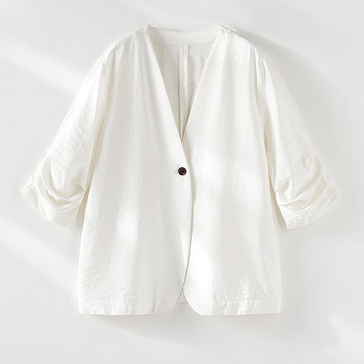 Damen Leichter Oversize-Blazer mit V-Ausschnitt, Ein-Knopf-Verschluss und gerafften Dreiviertelärmeln Drune