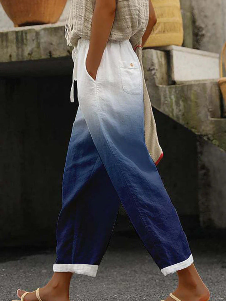 Damen Weite Leinenhose mit handgewebtem Muster Drune