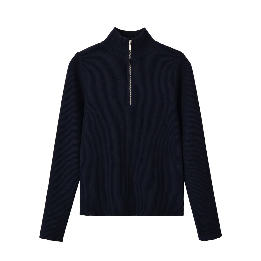 Damen Gerippter Halbzip-Strickpullover mit Stehkragen Drune