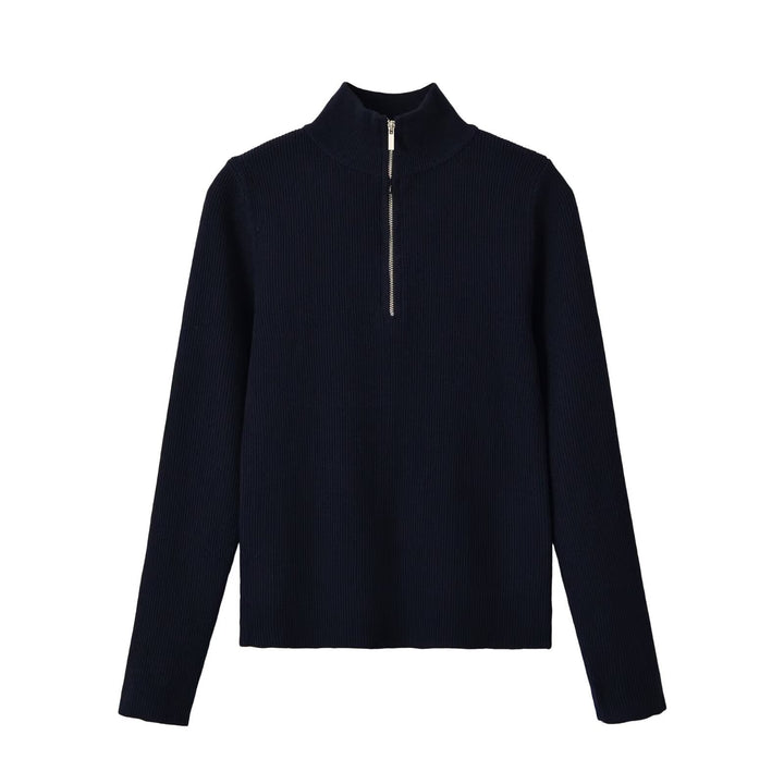 Damen Gerippter Halbzip-Strickpullover mit Stehkragen Drune