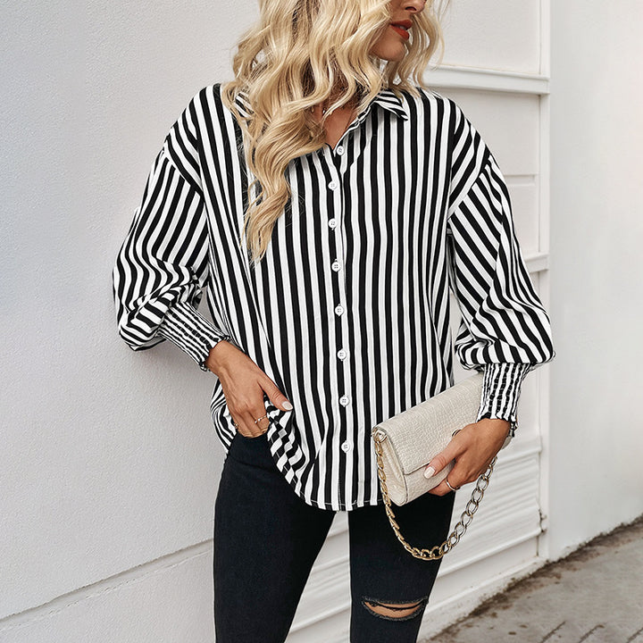 Damen Oversize-Hemdbluse mit senkrechten Streifen, klassischem Kragen und gerafften Manschetten Drune