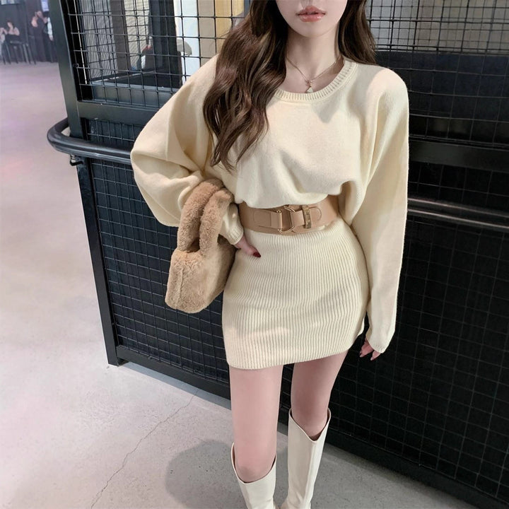 Damen Modisches Strickkleid mit weichem Material und breiten Ärmeln Drune