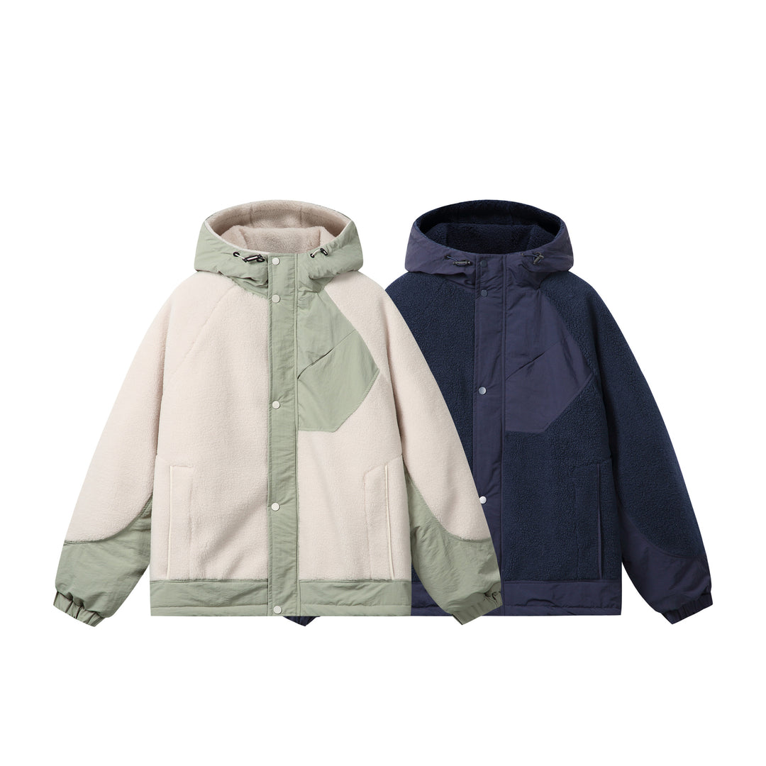 Unisex Boxy-Fleecejacke mit Kapuze und kontrastierenden Nylon-Einsätzen Drune