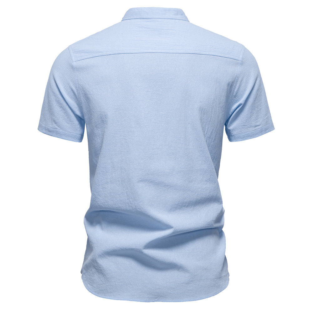 Herren nan lässiges Kurzarmshirt mit Stehkragen, halber Knopfleiste und leicht strukturierter Baumwoll-Leinen-Qualität Drune