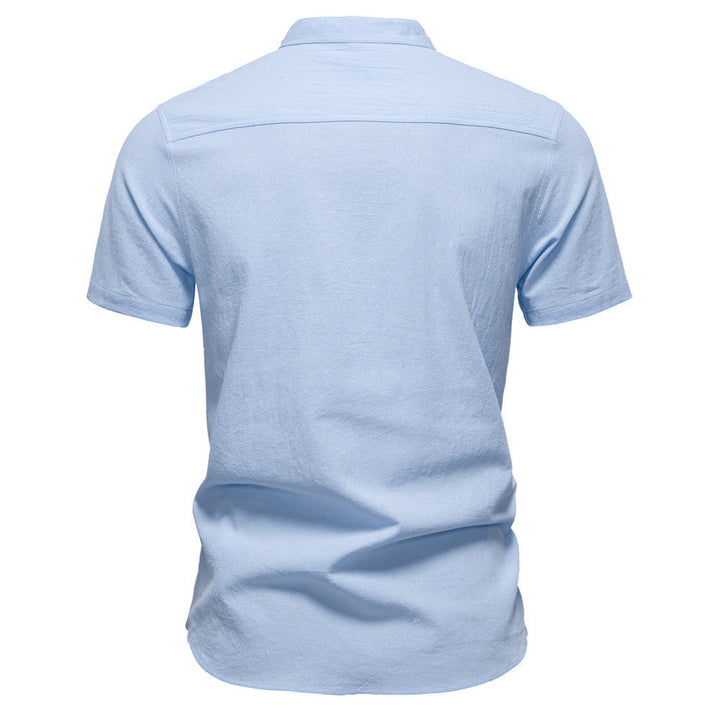 Herren nan lässiges Kurzarmshirt mit Stehkragen, halber Knopfleiste und leicht strukturierter Baumwoll-Leinen-Qualität Drune