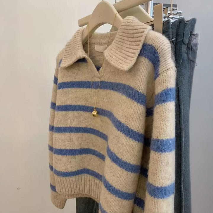 Damen nan kuscheliger Oversize-Strickpullover mit Polokragen und breiten Streifen Drune