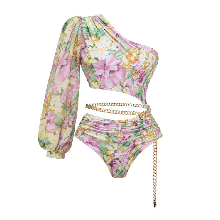 Damen Einseitiger Badeanzug mit floralen Mustern und glamouröse Kette Drune