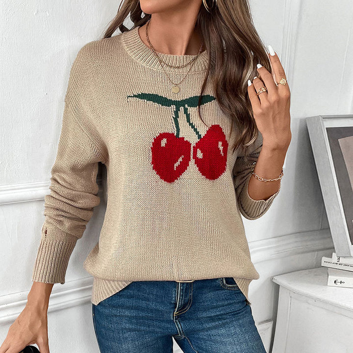 Damen Strickpullover mit Kirschen-Intarsie, Rundhalsausschnitt und legerem Oversize-Schnitt Drune