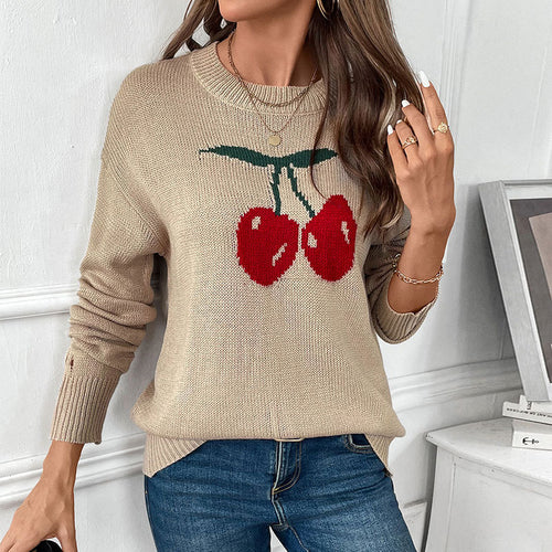 Damen Strickpullover mit Kirschen-Intarsie, Rundhalsausschnitt und legerem Oversize-Schnitt Drune