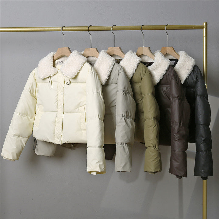 Damen nan kurze gesteppte Winterjacke mit breitem Teddykragen und Kordelzug Drune