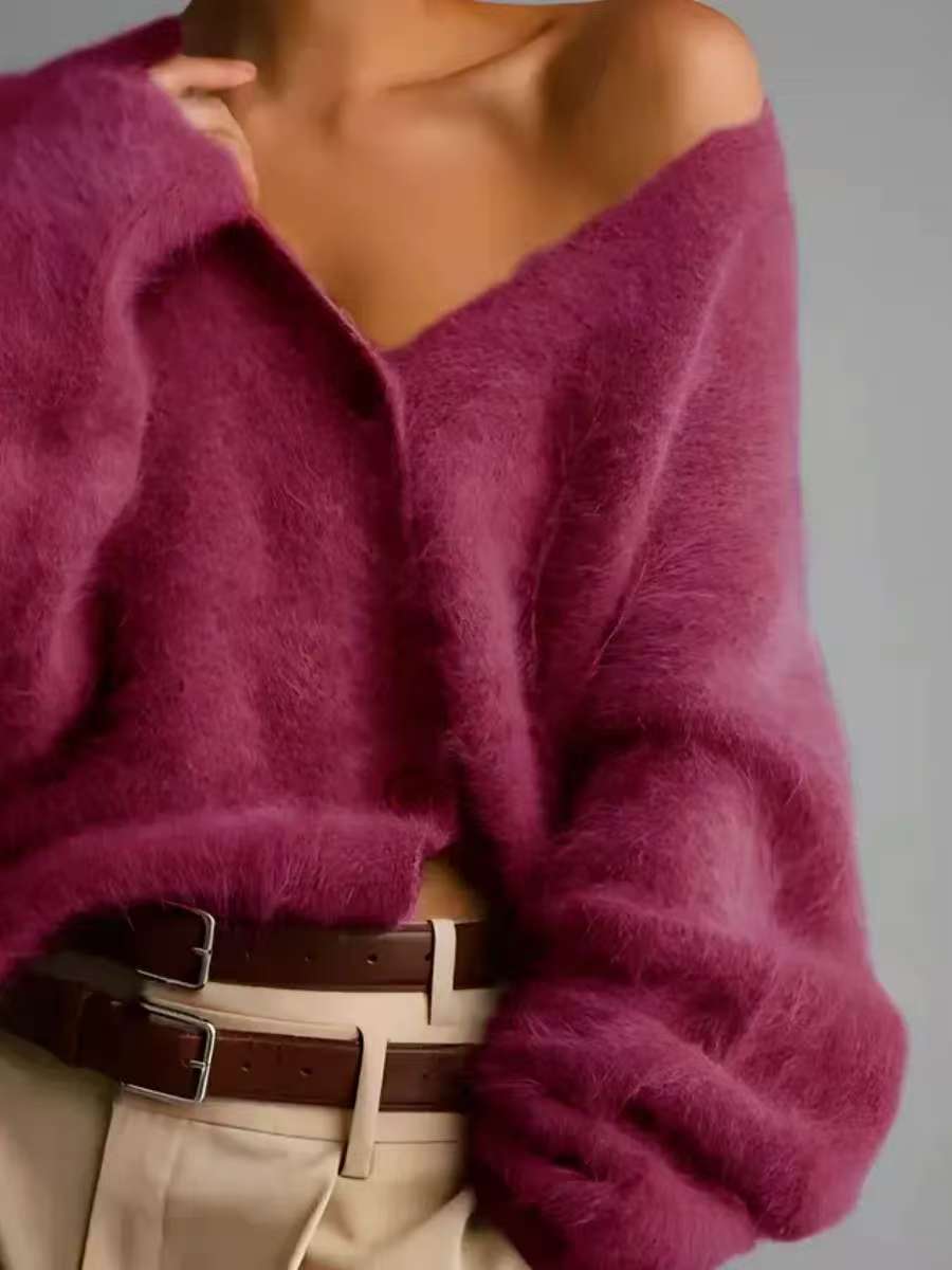 Damen Fluffy Strickjacke mit V-Ausschnitt und Knopfdetail Drune