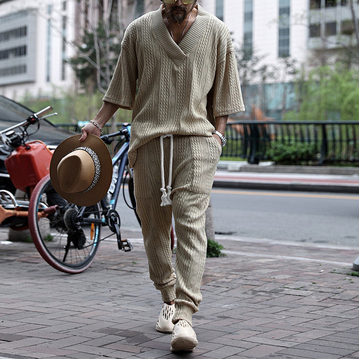 Herren Grobgestricktes Lounge-Set mit tiefem V‑Ausschnitt und Kordelzug-Jogger Drune