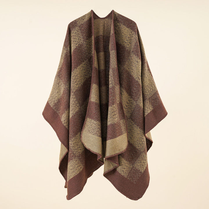 Damen Vielseitiger Wollmix-Überwurf im kastigen Kimono-Fall mit großflächigem Karojacquard Drune