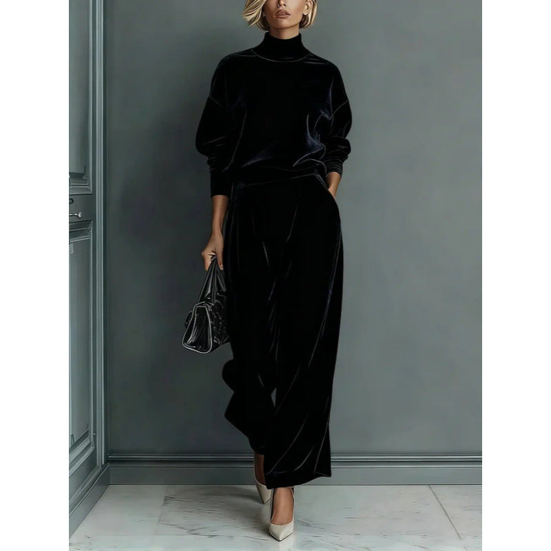 Damen Zweiteiliges Samt-Loungewear-Set mit Stehkragen und Plissee-Palazzohose Drune