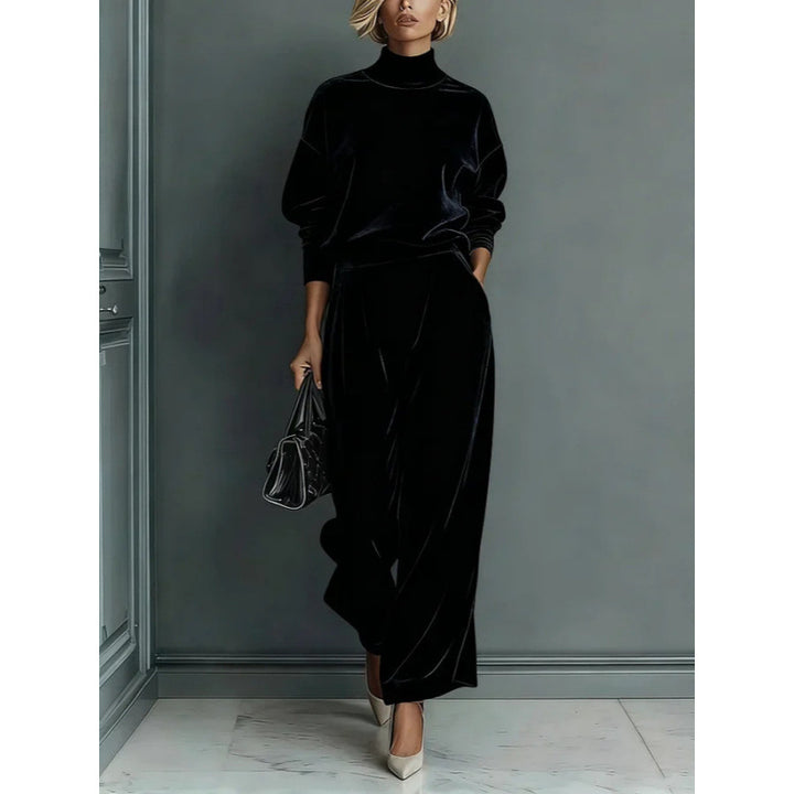Damen Zweiteiliges Samt-Loungewear-Set mit Stehkragen und Plissee-Palazzohose Drune