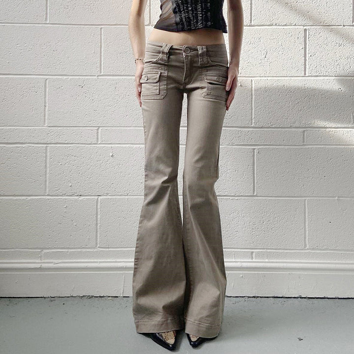 Damen High‑Waist Cargo‑Flaréhose mit weitem Schlag und aufgesetzten Taschen Drune