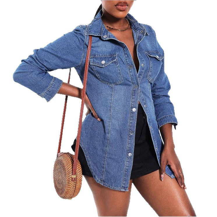 Damen tailliertes Denim‑Hemd mit Pattentaschen und Druckknopf‑Front Drune