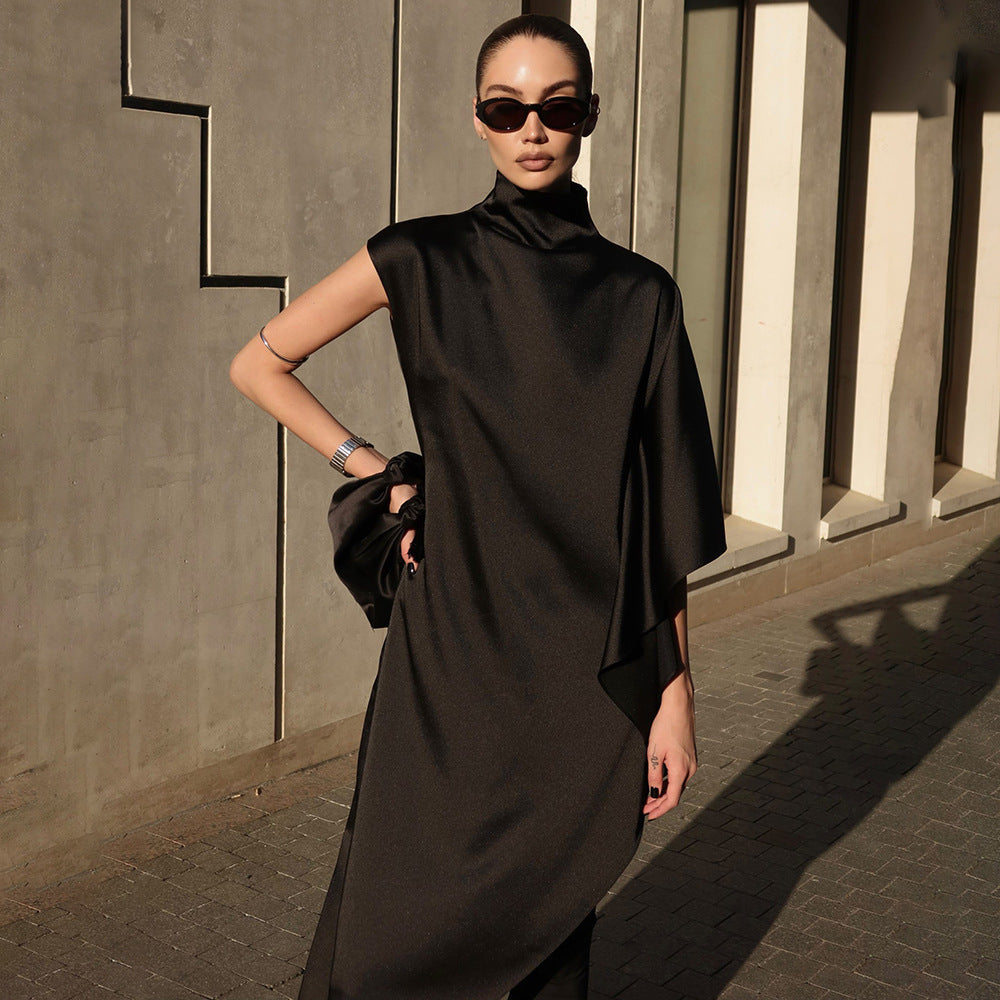Damen Elegantes asymmetrisches Kleid mit hohem Kragen und seitlichem Schwung Drune