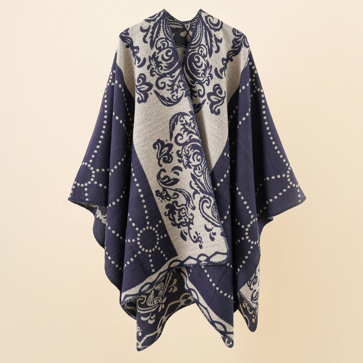 Damen Jacquard-Ruana im Umhangstil mit kontrastierender Kettelsaum Drune