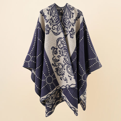 Damen Jacquard-Ruana im Umhangstil mit kontrastierender Kettelsaum Drune