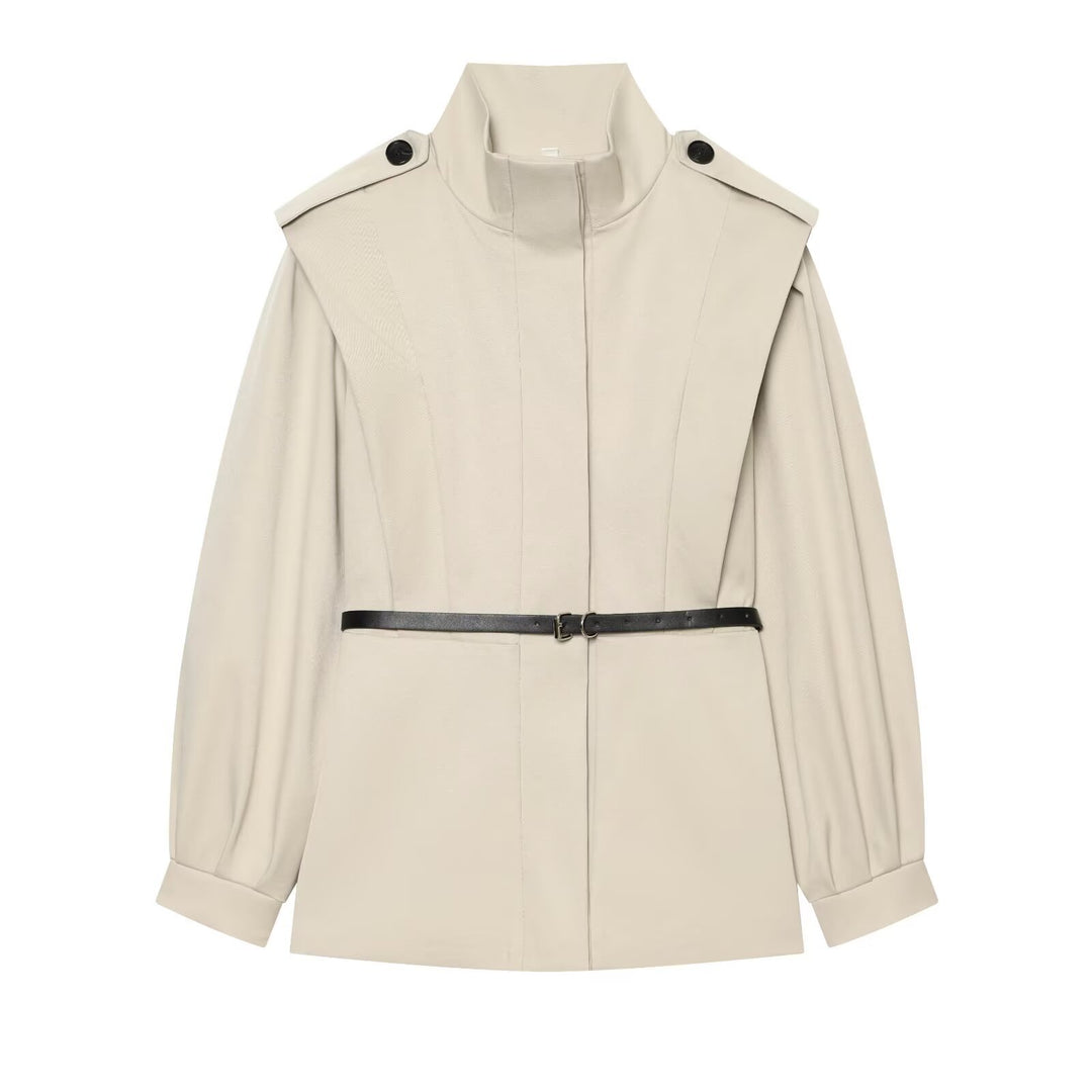 Damen Kurzer Cape‑Trenchcoat mit Stehkragen, Schulterpatten und Taillengürtel Drune