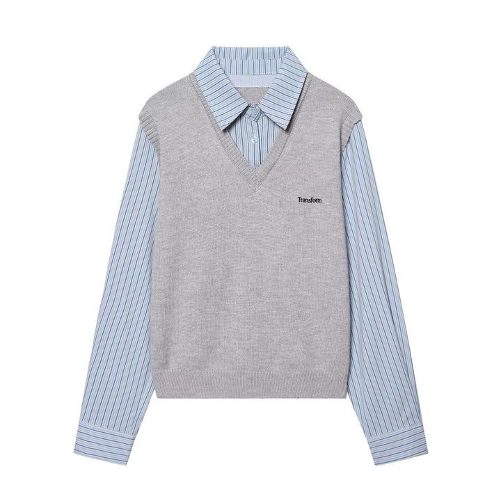 Damen Lagenlook-Hemd mit V-Ausschnitt Strickweste Drune