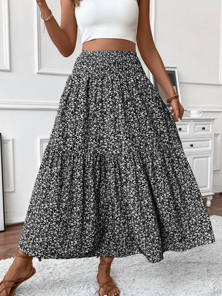 Damen Langer Rock mit floralem Print und elastischem Bund Drune