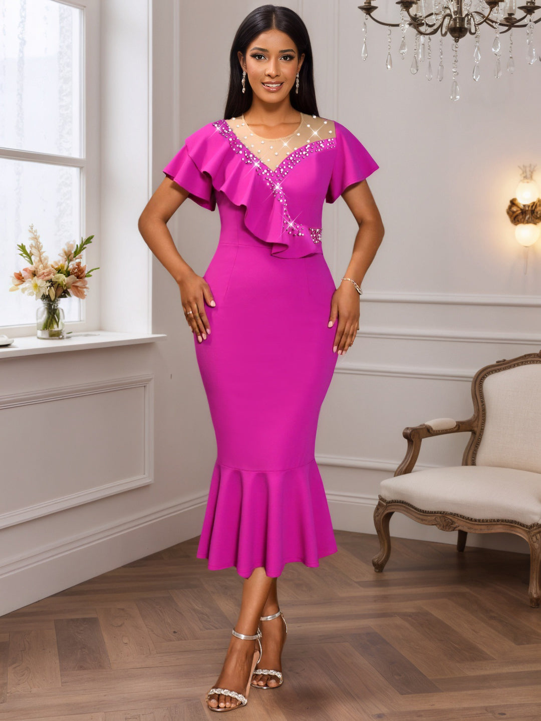 Damen figurbetontes Abendkleid mit asymmetrischem Rüschendetail und elegantem Wasserfallausschnitt Drune