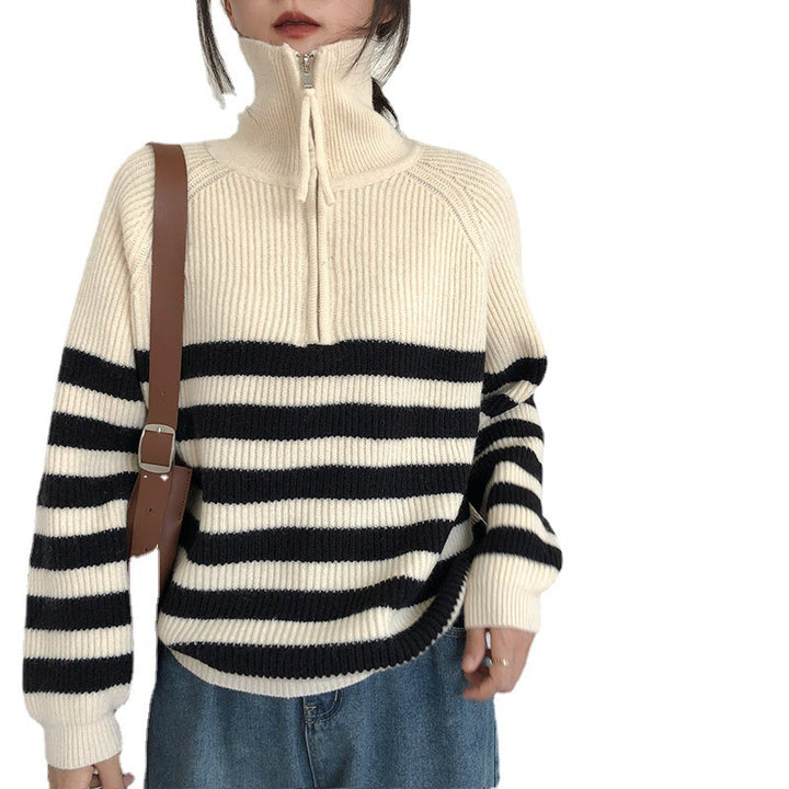 Damen gestreifter Pullover mit halblangem Reißverschluss und lässigem Schnitt Drune