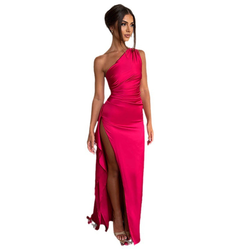 Damen elegantes asymmetrisches Maxikleid mit hochgeschlitztem Saum und fließendem Material Drune
